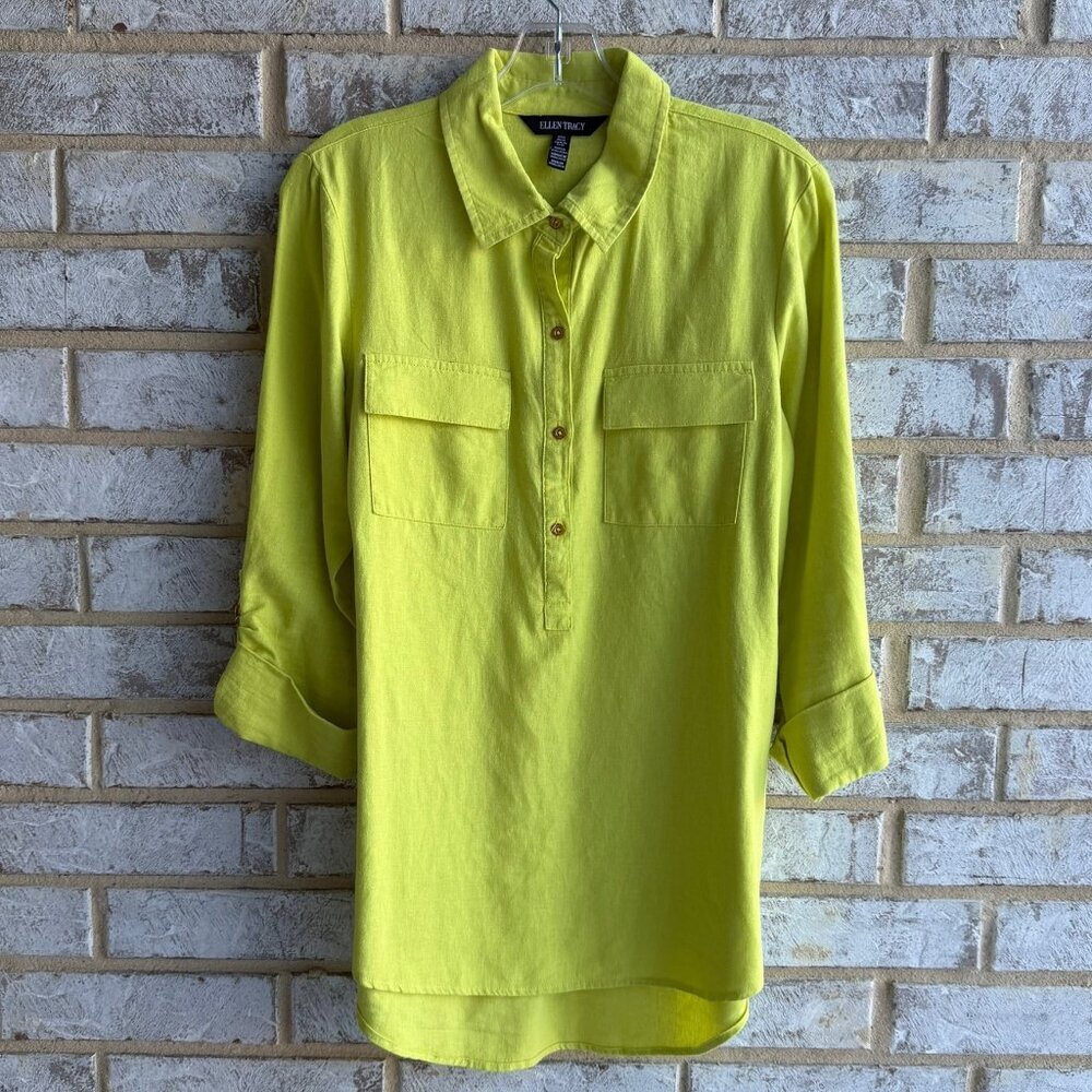 Ellen Tracy Long Rolled Up Sleeve 1/2 Button Collared Linen Blend Shirt Size M
